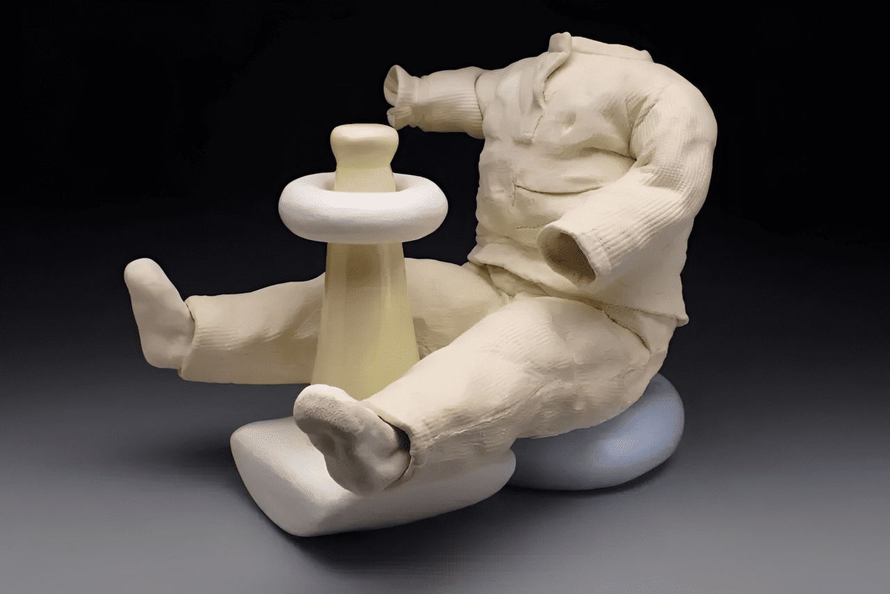 Ceramic Sculpture of empty children's clothing with preparatory toys