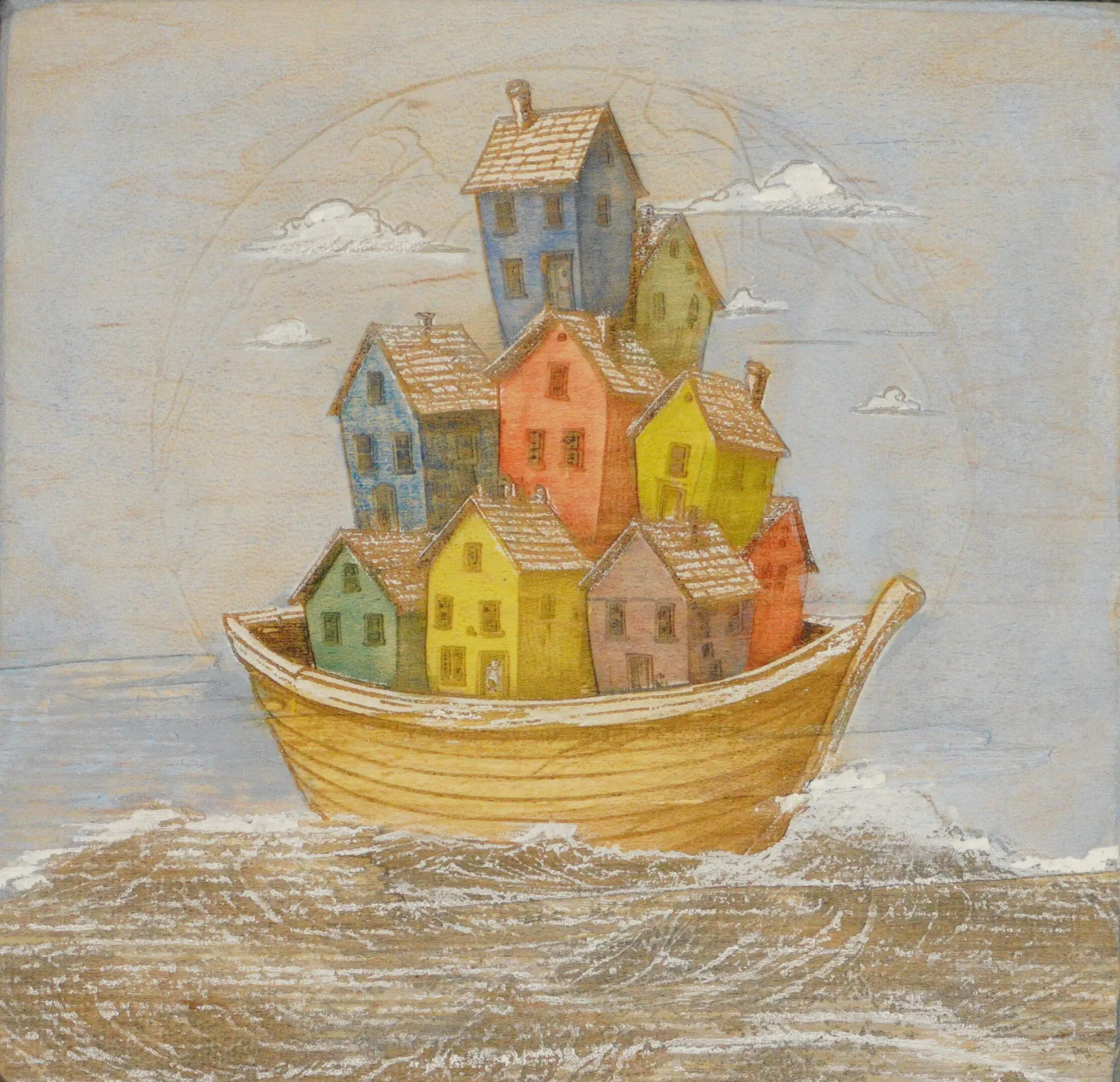 Painting of a boat carrying cluster of colorful houses