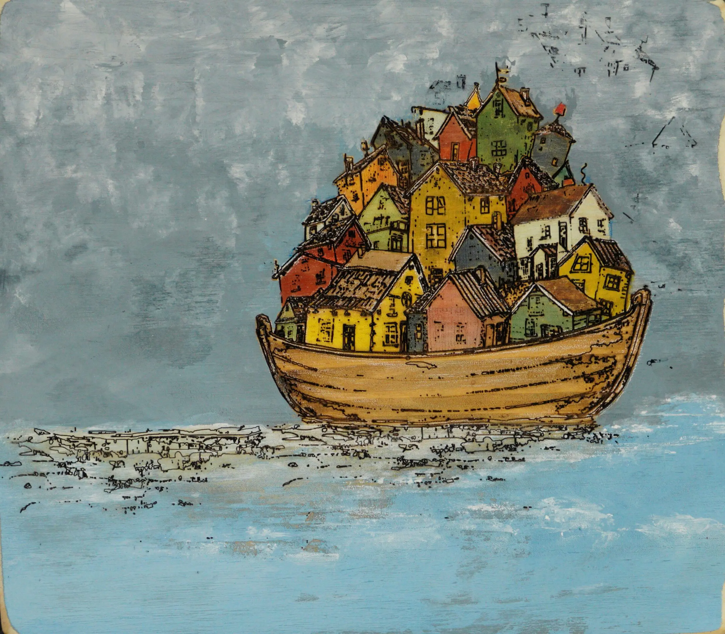 Painting of a boat carrying cluster of colorful houses