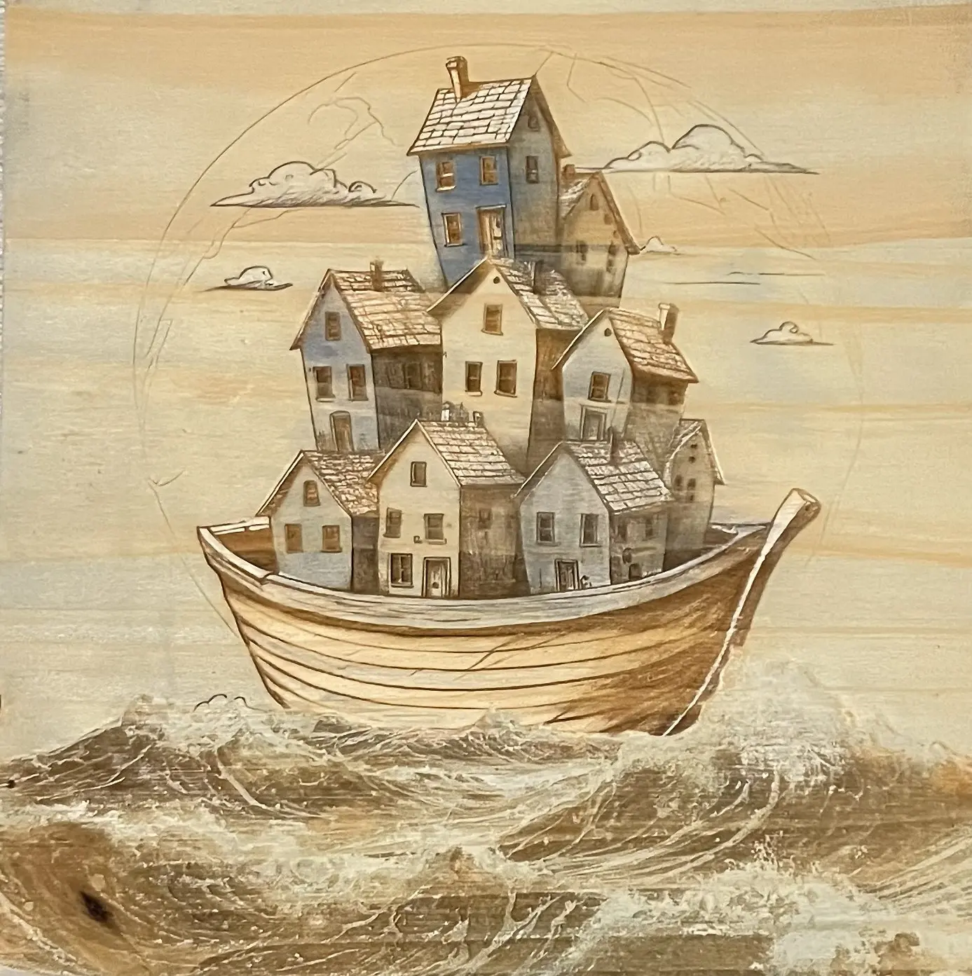 Painting of a boat carrying cluster of blue houses