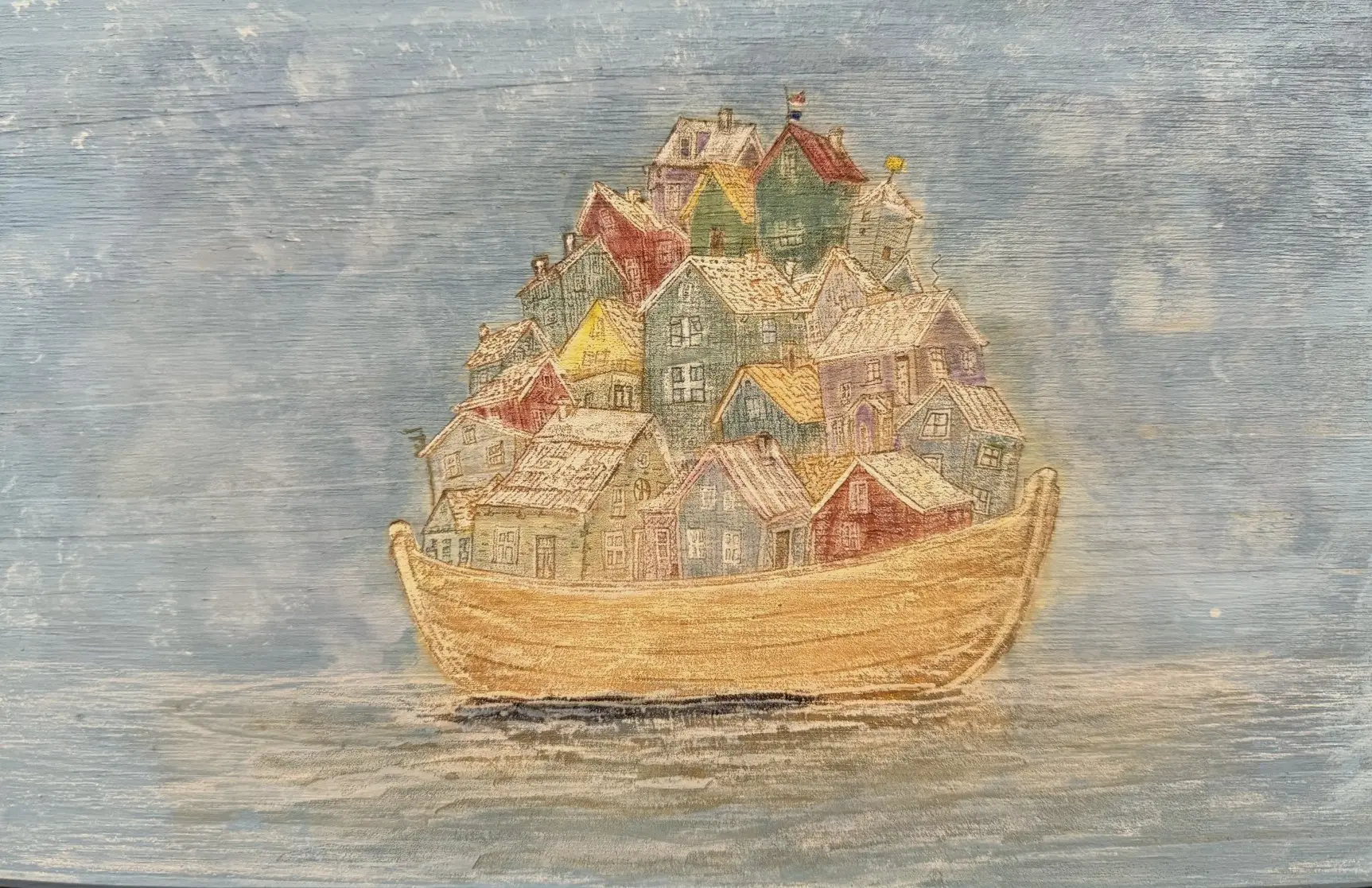 Painting of a boat carrying cluster of colorful houses