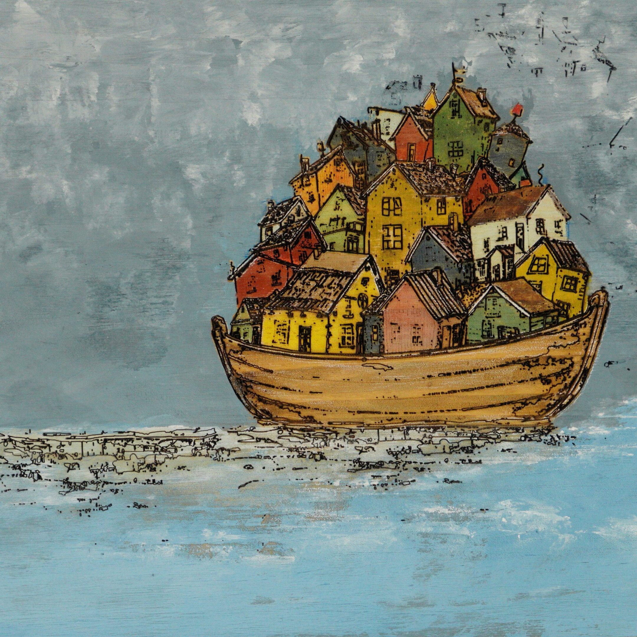 Painting of a boat carrying cluster of colorful houses